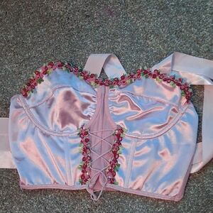 Pink Satin Floral Embroidered Corset Top